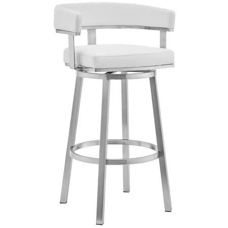 Armen Living Cohen 30" White Faux Leather and Brushed Stainless Steel Swivel Bar Stool 721535762194
